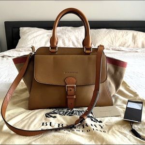 Burberry Harcourt Satchel, tan leather with signature Burberry check